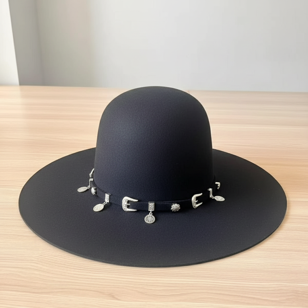 Black western hat with simple backdrop