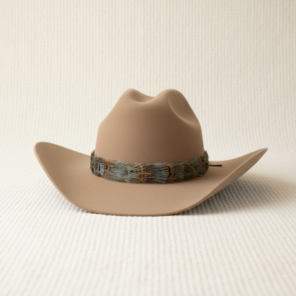 Tan hat with feather band on simple backdrop