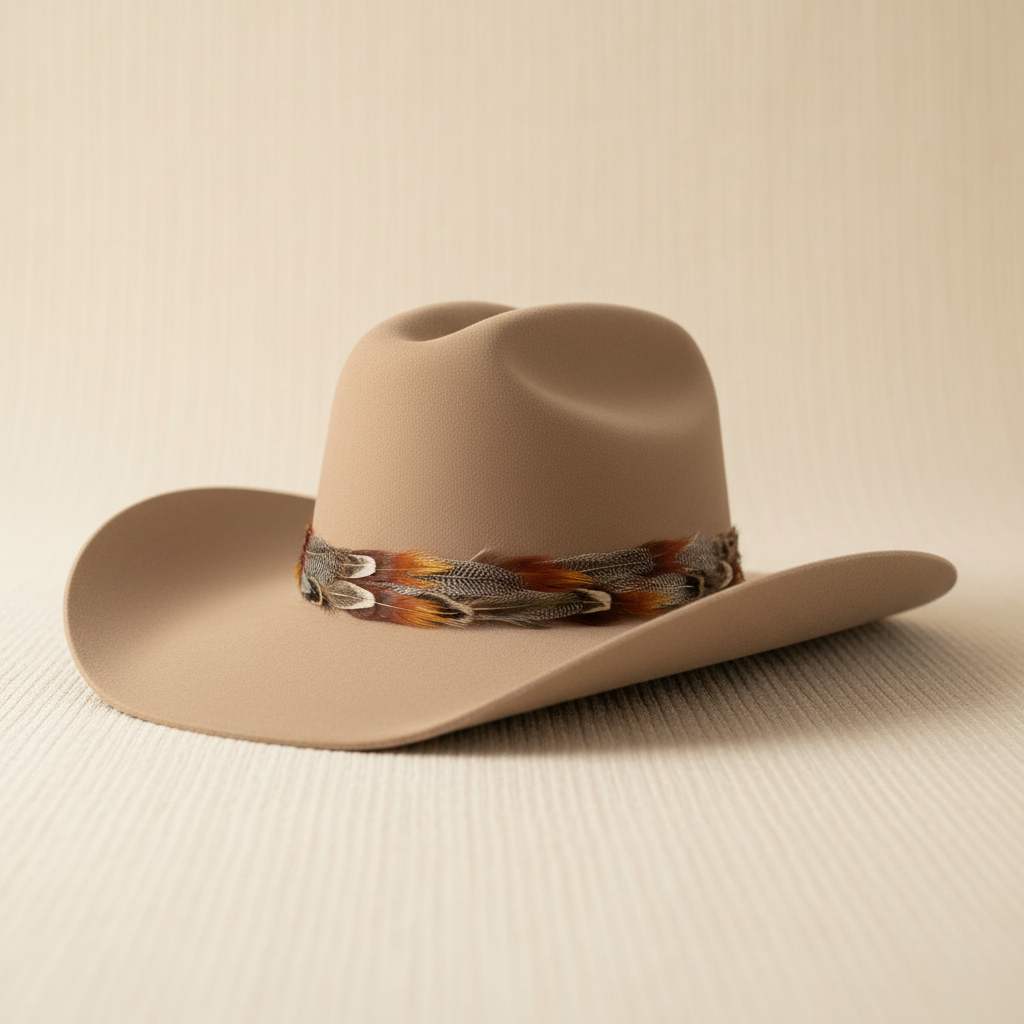 Tan hat with feather band on simple backdrop