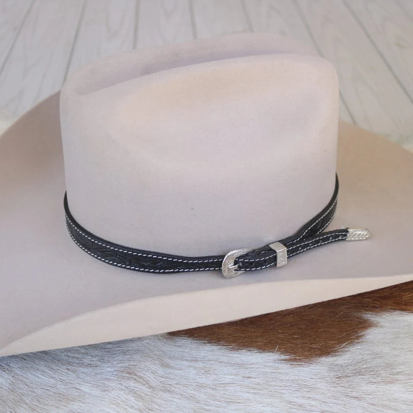 Black Tooled Leather Buckle Hat Band