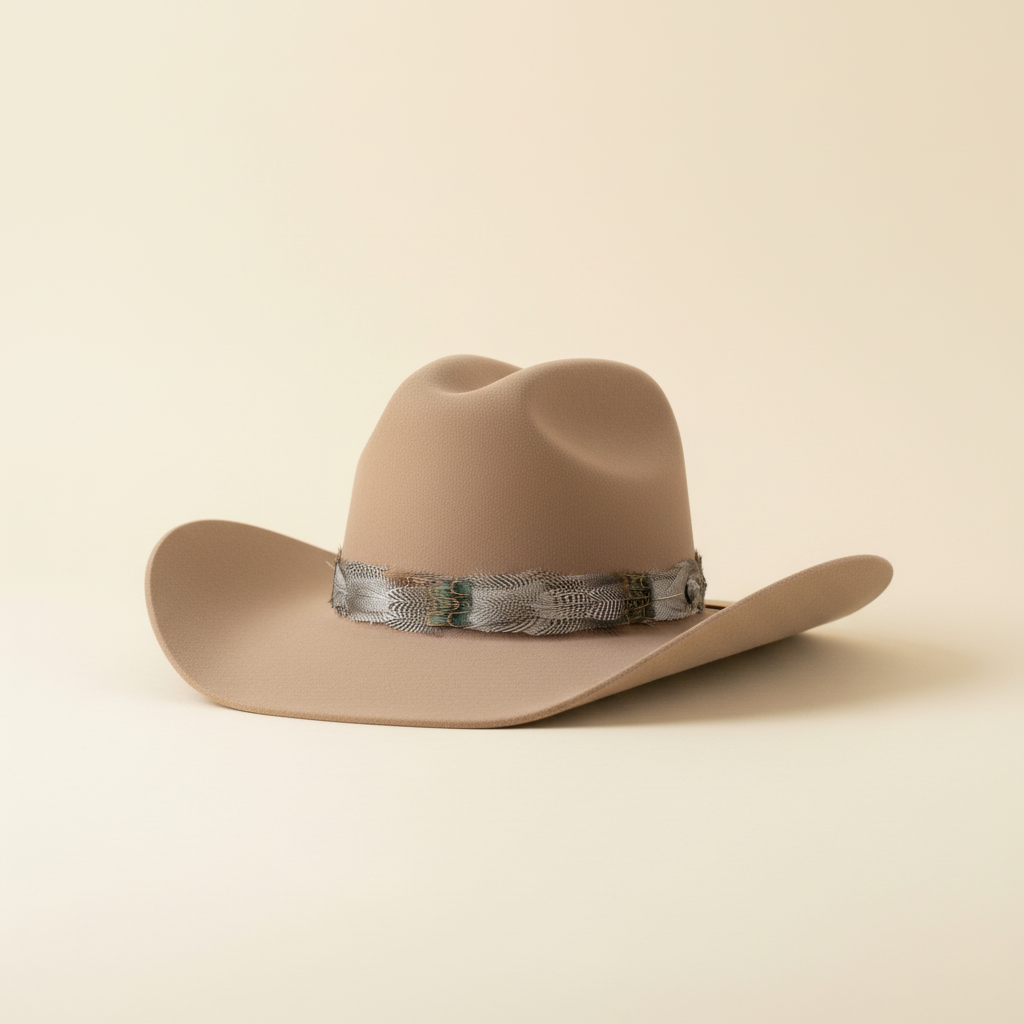 Tan hat with feather band on simple backdrop