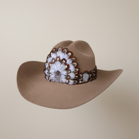 Tan hat with feather band on simple backdrop