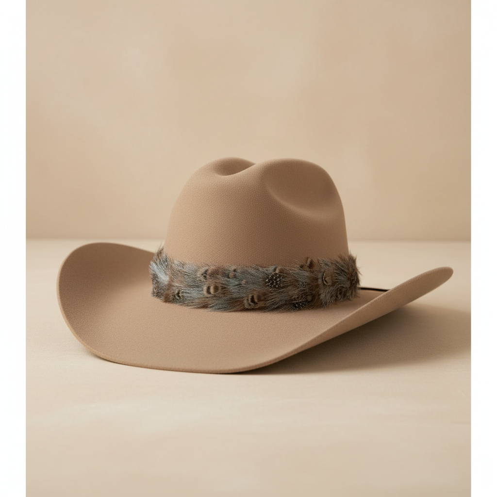 Tan hat with feather band on simple backdrop