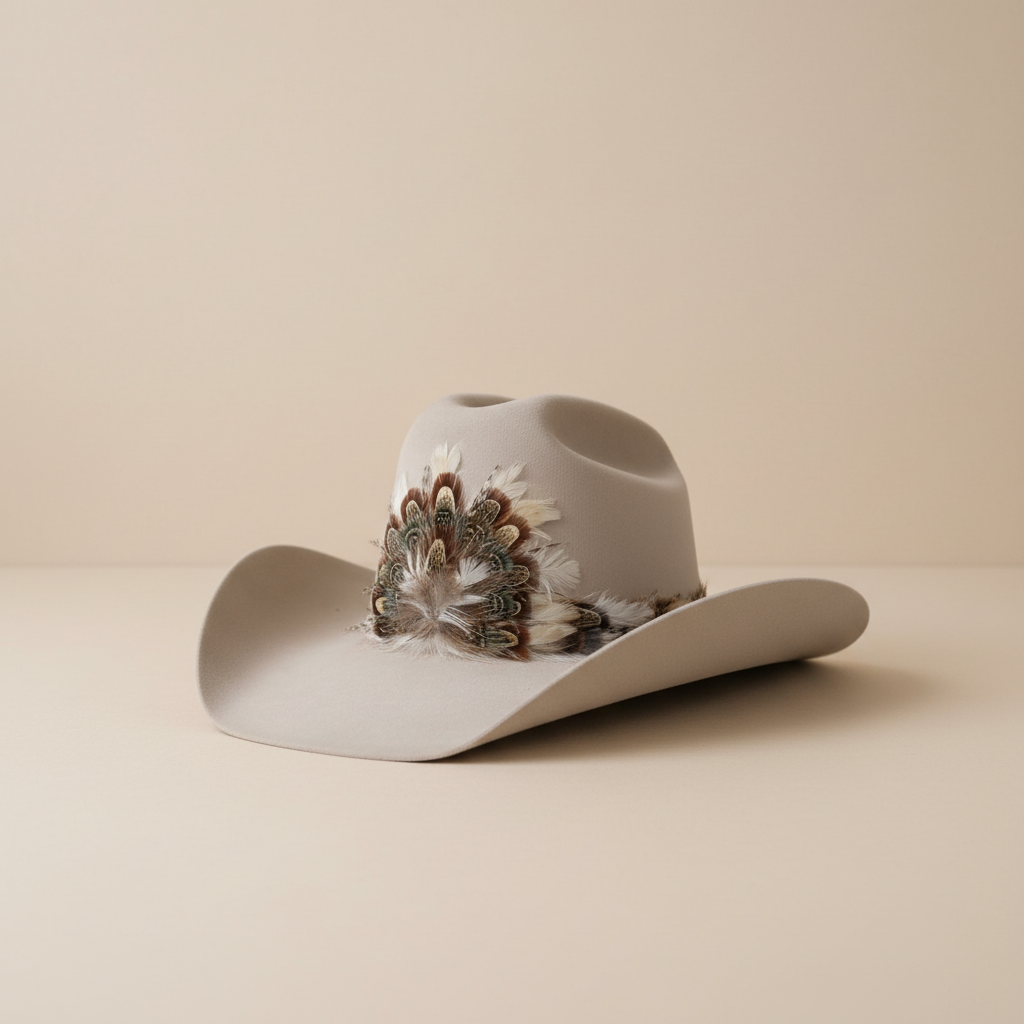 White hat with feather band on simple backdrop