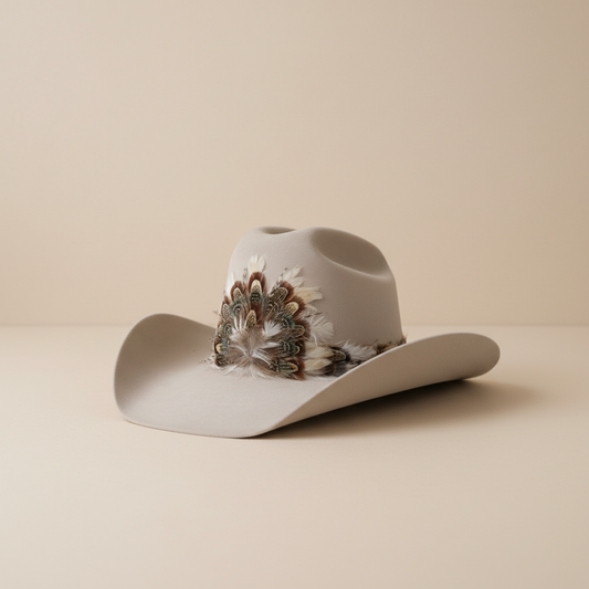 White hat with feather band on simple backdrop